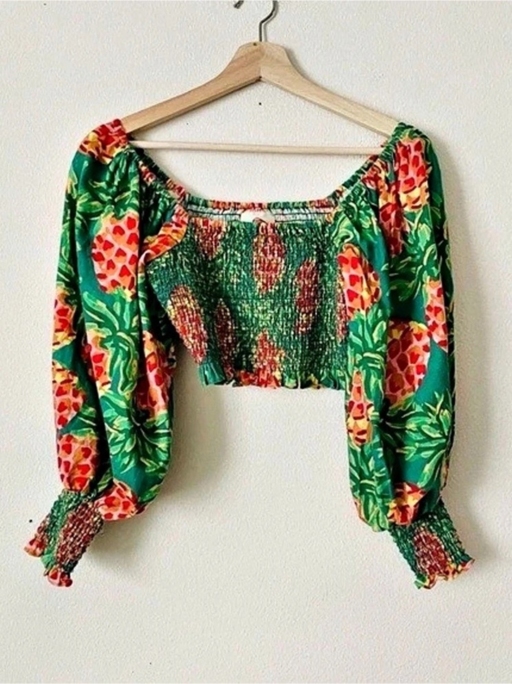 Farm Rio Pineapple Galore Smocked Crop Top Green & Pink Small